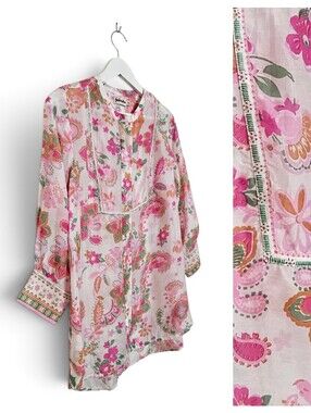 Fabindia Tunic Top M Floral Paisley Button Front Boho Kurta Cotton Pink White